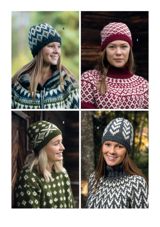 Fyra olika mössor i nordiska mönster